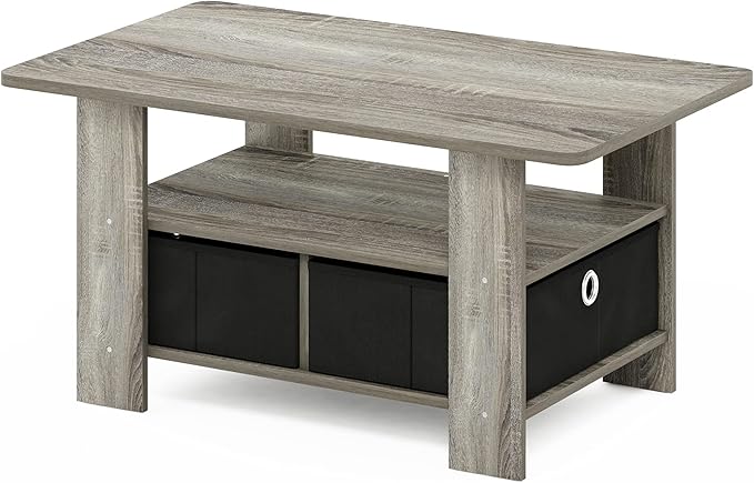 Furinno Andrey Coffee Table with Bin Drawer, French Oak Grey/Black