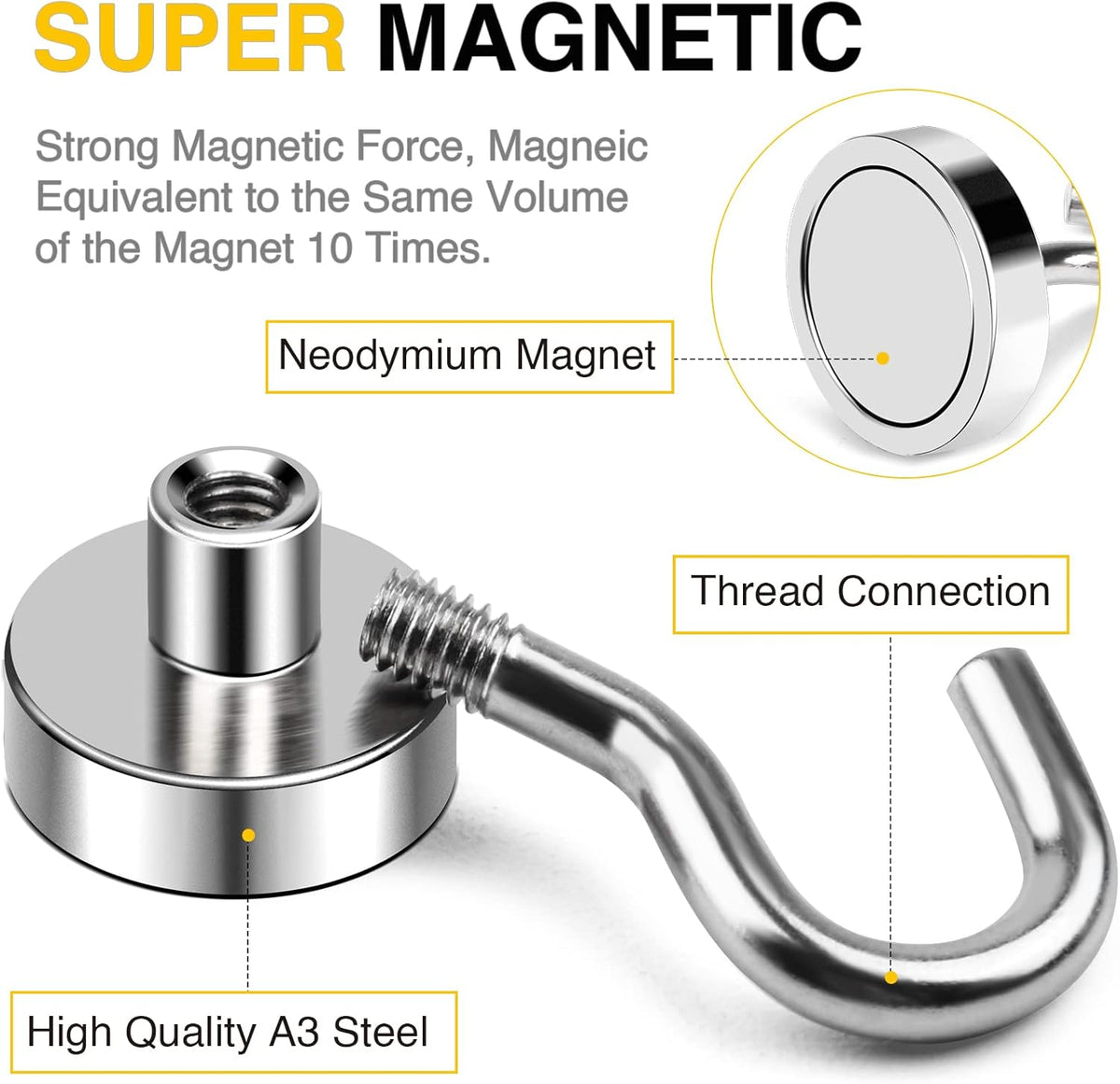 DIYMAG Magnetic Hooks for Refrigerator, Extra Strong Cruise Hook, Heavy Duty Earth Magnets with Hook for Hanging, Magnetic Hanger for Cabins, Grill (45P-Silver)