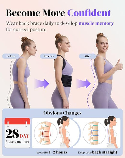Posture Corrector for Women and Men, Full Back Support Brace, Adjustable Shoulder Straightener, Improving Posture, Relief Upper and Lower Back, Neck Pain, Full Black, Medium