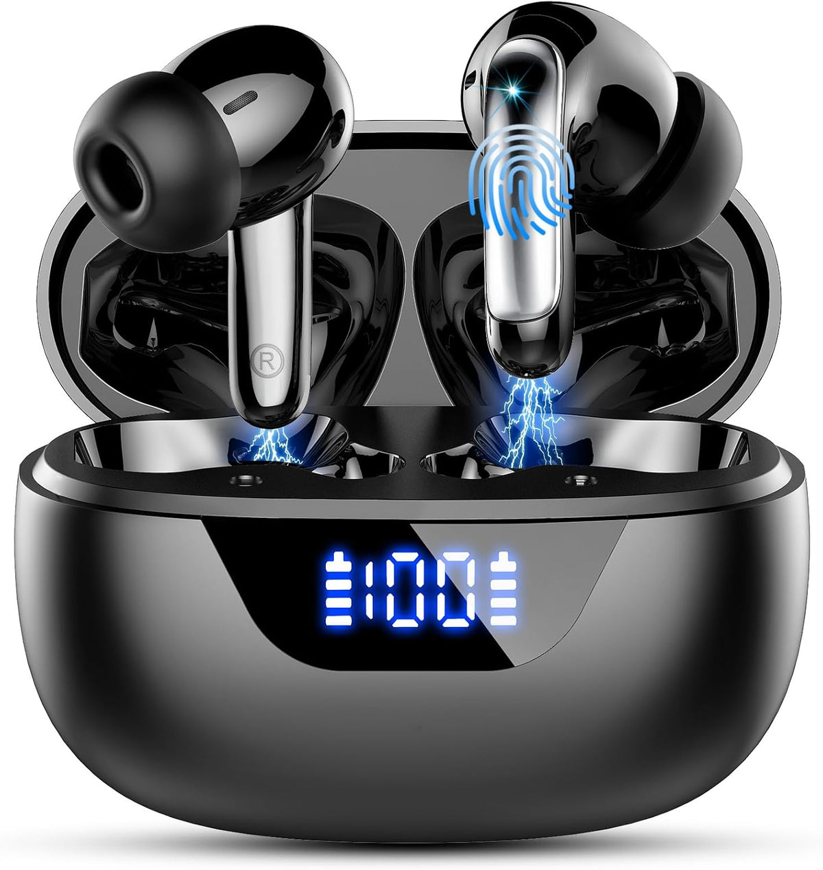 Wireless Earbuds, Bluetooth 5.4 Headphones, ENC Noise Cancelling Mic Ear buds with Stereo Bass, 48H Playtime Earphones , LED Display, IP7 Waterproof In Ear EarBuds for Phone Android iOS Sports, Black