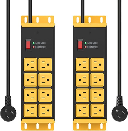 HHSOET 2 Pack Heavy Duty Power Strip 8 Outlets, Metal Wall Mount Outlet Strip 4800J Surge Protector, Garage Shop Under Desk Mountable 10FT Extension Cord Plug.