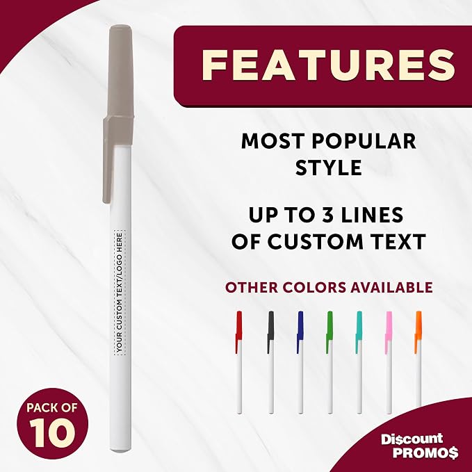 DISCOUNT PROMOS Custom Value Stick Pens Set of 10, Personalized Bulk Pack - Black Ink, Great for Office, School, Business, Tradeshows, Events - Grey