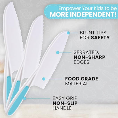 Zulay 3-Piece Kids Knife Set for Real Cooking & Baking - Toddler Knives for Cutting Fruits, Veggies, & Cake - Children’s Montessori Knife with Serrated Edges - Safe & Fun Lettuce Knife (Blue)