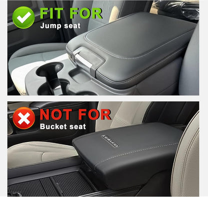Muslogy Center Console Armrest Cover Compatible with Dodge Ram 1500 2013-2018 & 2013-2025 Ram 2500/3500 Comfort Armrest Pad Arm Rest Cushion Vegan Leather Protector Regular Thick(Jump Seat ONLY)
