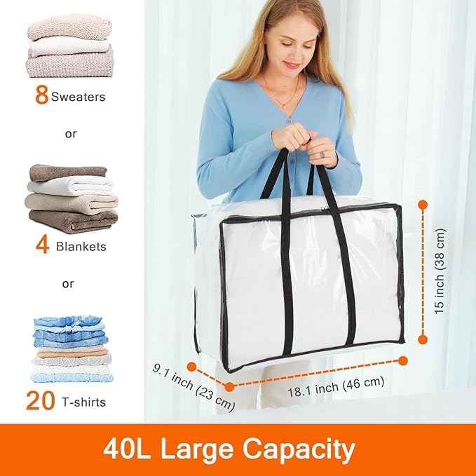 Vieshful 5 Pack Clear Comforter Storage Bag, 40L Clothes Storage Bag with Zipper Closet Organizer, Plastic Storage Containers Moving bags for Comforter, Blanket, Bedding, Duvet, Toys