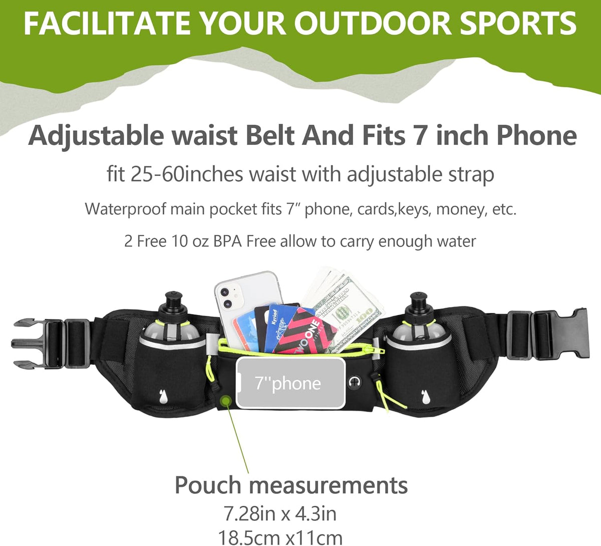 Hydration Running Belt for Women & Men with 2 Water Bottles – Water-Resistant Waist Pack & Phone Holder, No-Bounce Fit for Running, Hiking, Workouts – Bonus Sweatband, Fits All Phones