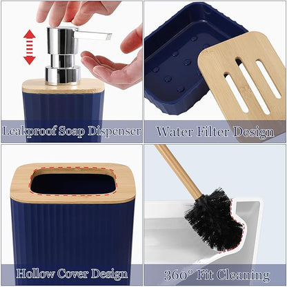 Blue Bathroom Set - Navy Blue Bathroom Accessories Set with with Trash Can,Toothbrush Holder,Toothbrush Cup,Soap Dispenser,Tray,Soap Dish,Toilet Brush,Qtip Holders for Bathroom Home Decor