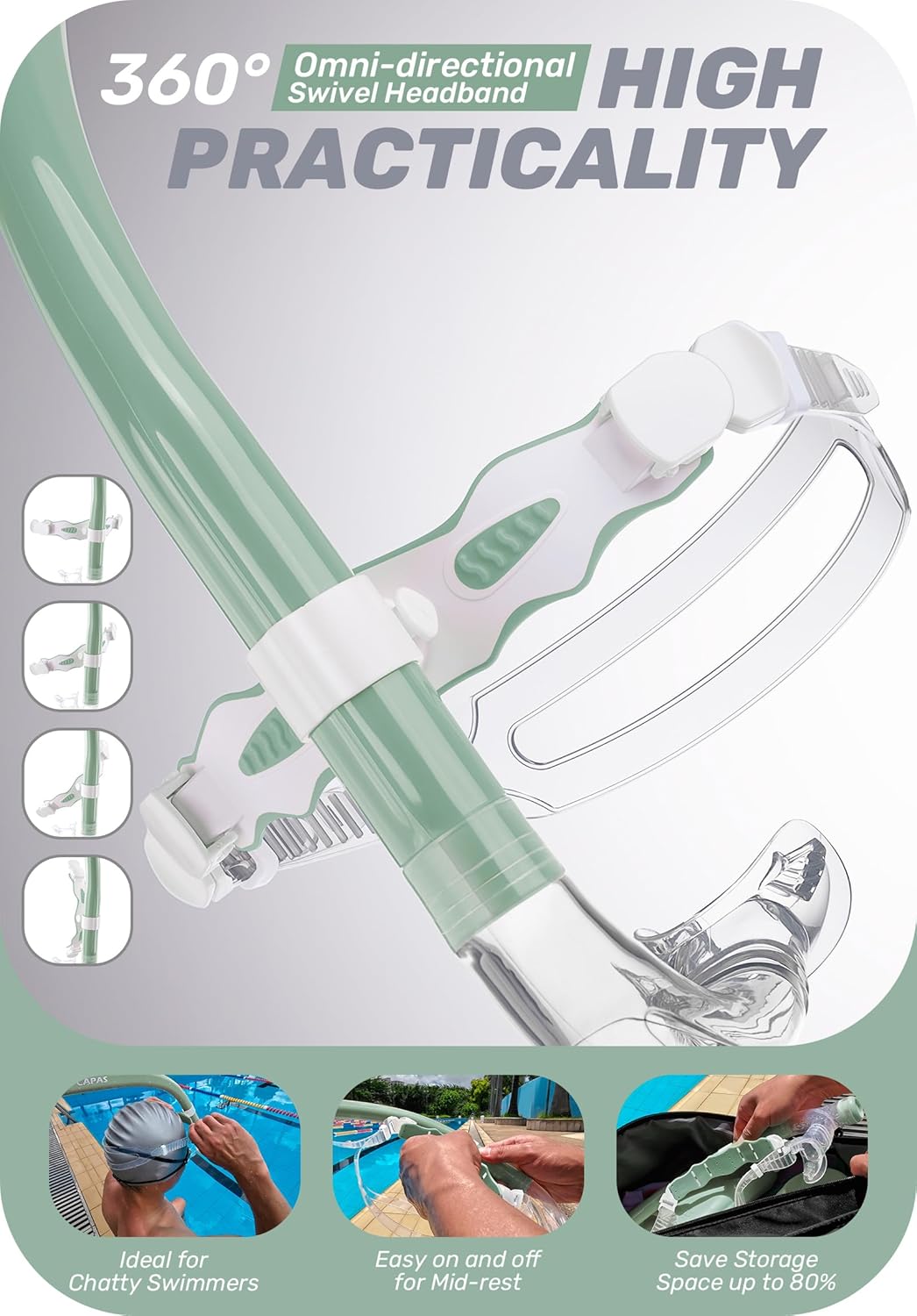 CAPAS Training Swim Snorkel for Lap Swimming, Swivel Headband Ultimate Fit Center-Mount Swimmers Snorkel with Liquid Silicone Mouthpiece Adjustable Strap, Designed for Adult Men Women