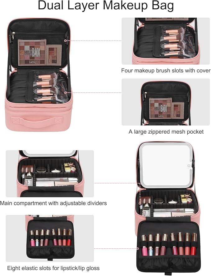 Relavel Makeup Bag with LED Mirror, Travel Makeup Case with Rechargeable Lighted Mirror 3 Color Lights, Dual Layer Cosmetic Box Makeup Brush Lipstick Holder Organizer for Women, Leather Pink