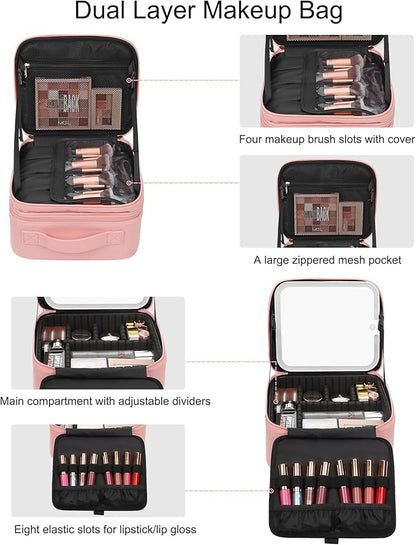 Relavel Makeup Bag with LED Mirror, Travel Makeup Case with Rechargeable Lighted Mirror 3 Color Lights, Dual Layer Cosmetic Box Makeup Brush Lipstick Holder Organizer for Women, Leather Pink