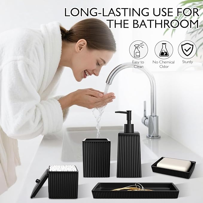 Bathroom Set - Black Bathroom Accessories Set, 5PCS Ceramic Bathroom Accessory Set, Bathroom Sets with Soap Dispenser, Toothbrush Tumbler, Soap Dish, Q-tip Holder & Vanity Tray
