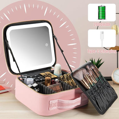 Makeup Travel Train Case with Mirror LED Light 3 Adjustable Brightness Large Cosmetic Bag Portable Storage Adjustable Partition Waterproof Makeup Brushes Make up Jewelry Gift for Women