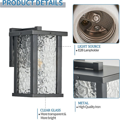 Outdoor Wall Sconce E26 Base Metal Frame - Black Exterior Light Fixture with Clear Glass, Waterproof Porch Wall Mount Lighting for Garage, Patio(Bulb not Included)
