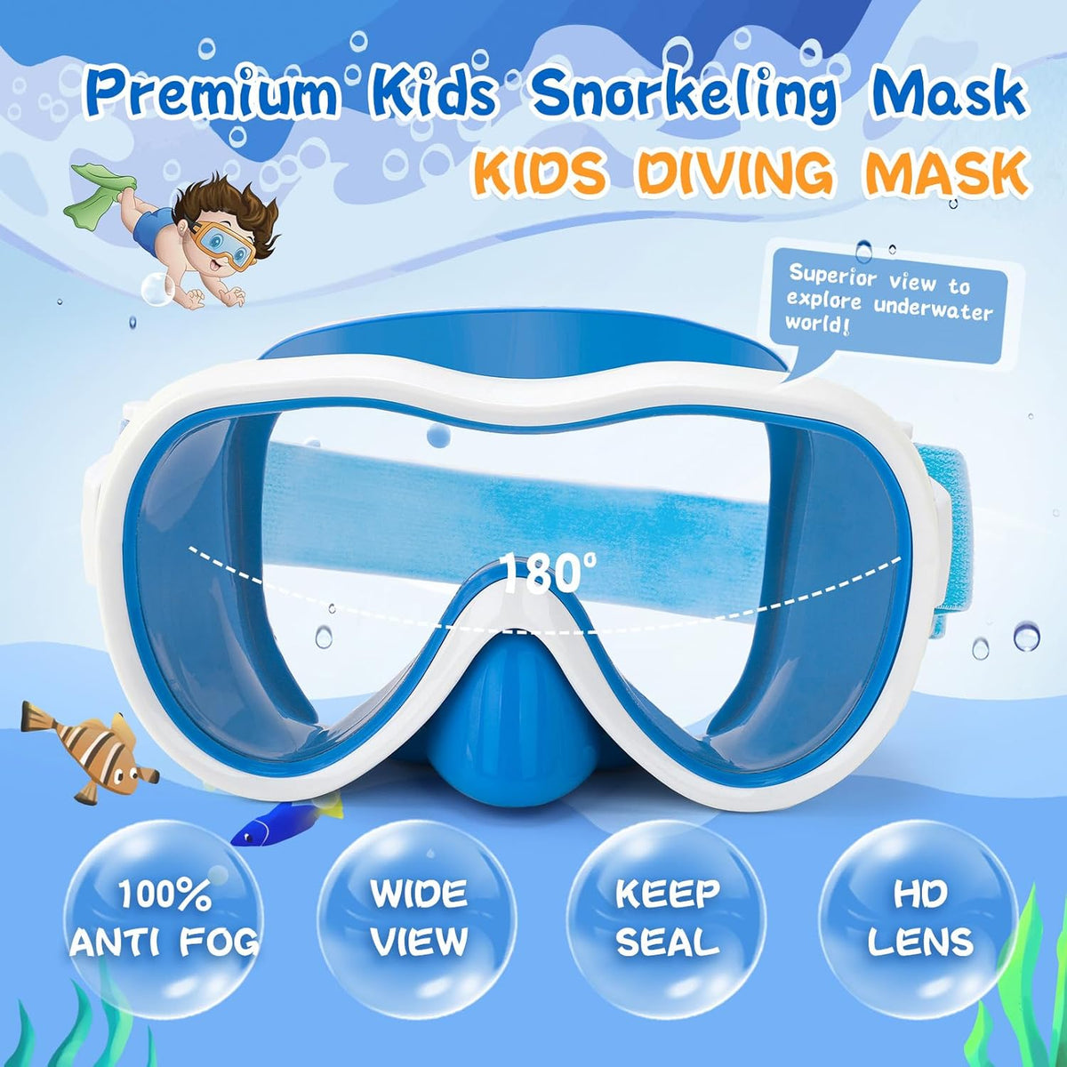 Kids Swim Goggles 180° Snorkel Diving Mask with Nose Cover, Anti-Fog Kids Swimming Goggles with Elastic Fabric Strap for Kids Boys Girls
