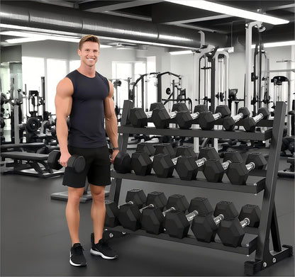 5-50 lbs Hex Dumbbell Weight Set With Rack for Home Outdoor Gyms 6-10 Pair Rubber Exercise & Fitness Nonslip Handle Dumbbells and Storage Rack Hold 350/450/550 Pounds