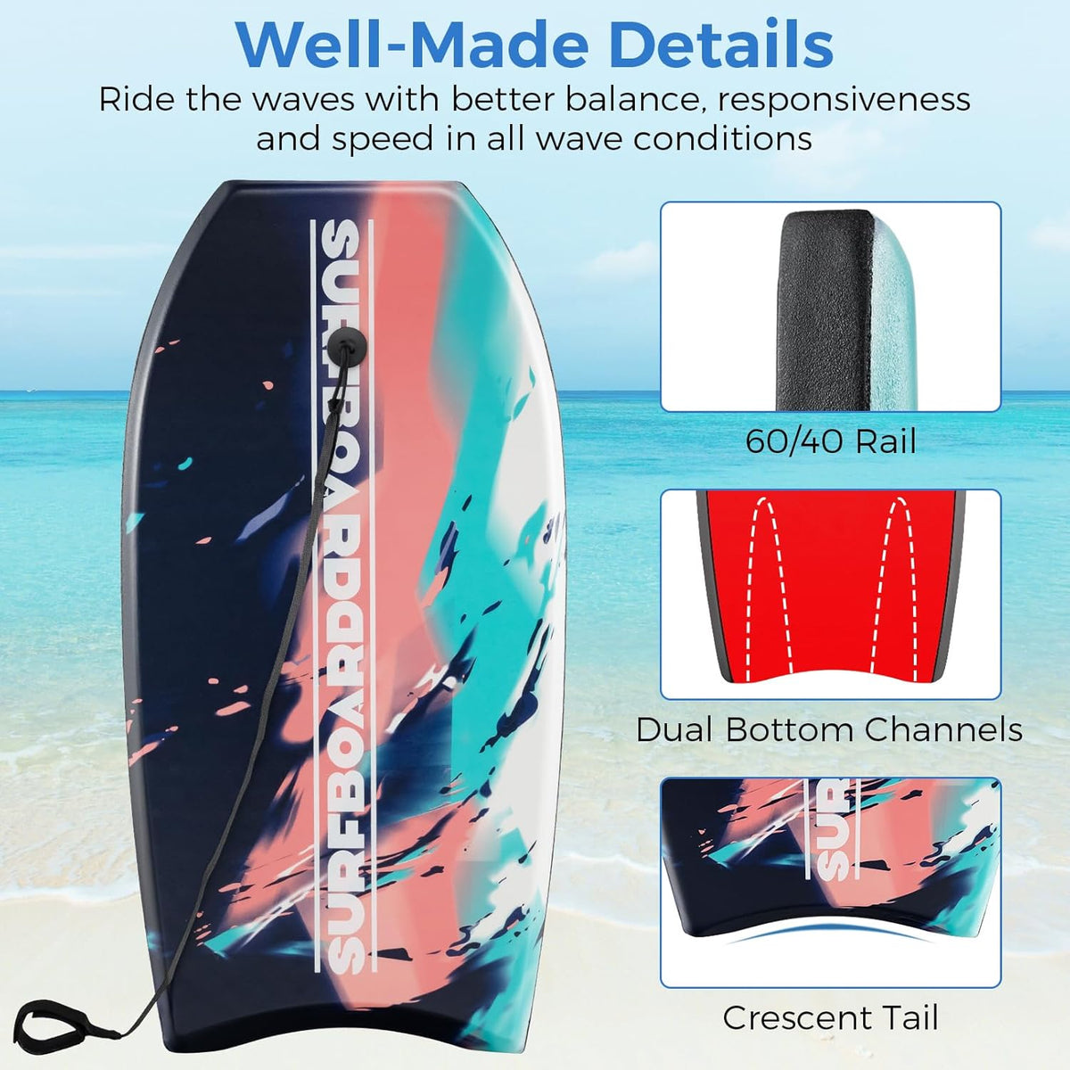 KOTEK 33/37/41 Inch Body Board with Wrist Leash, EPS Core, Dual Channel, HDPE Slick Bottom, Bodyboard for All Skill Levels & Wave Conditions