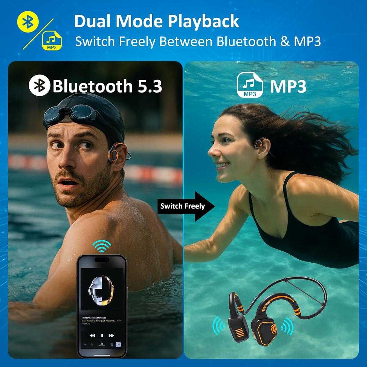Bone Conduction Swimming Headphones – IP68 Waterproof Open-Ear Bluetooth 5.3 with 32GB MP3 Player, Underwater Swim Headset for Pool Training, Orange