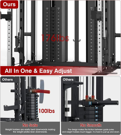 DONOW Smith Machine with Weight Stacks Power Cage Squat Rack Dual Cable Crossover Machine Home Gym Systems Station LAT Pull Down