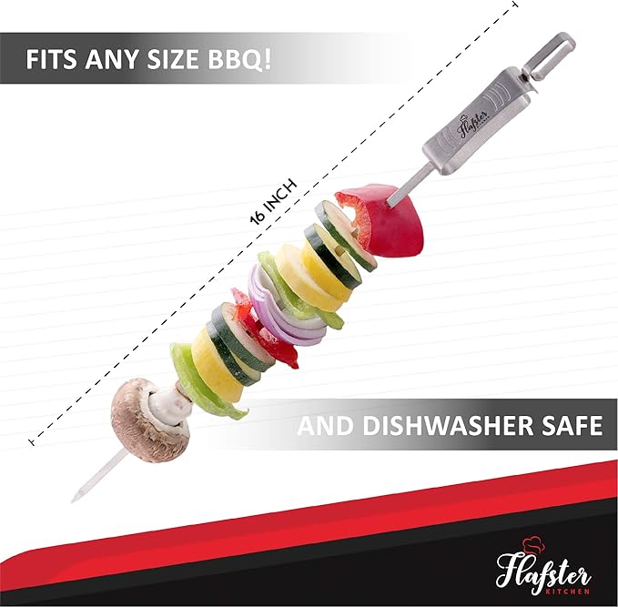 "FLAFSTER KITCHEN BBQ Skewers for Grilling - 16" Stainless Steel Flat Kebab Sticks with Push Bar, Reusable Metal Shish Kabob Skewers, Set of 6"