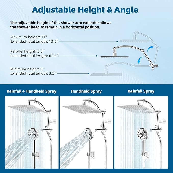 Hibbent All Metal Shower Head, 12'' High Pressure Rain Shower Head/Handheld Showerhead Combo with 16'' Adjustable Arc-shaped Extension Arm, 10 Sprays, 71'' Hose, Adhesive Showerhead Holder, Chrome