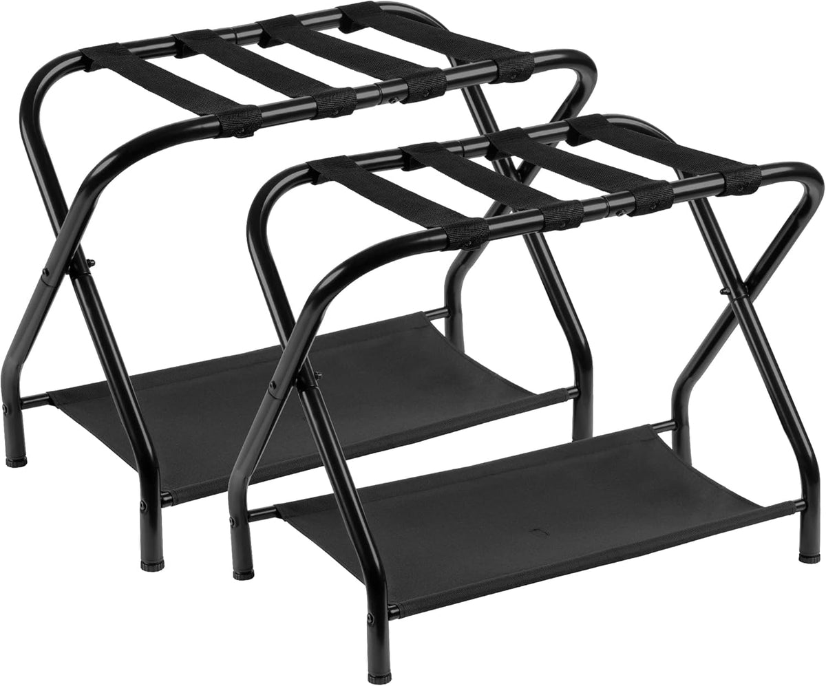 Heybly Luggage Rack, Pack of 2, Steel Folding Suitcase Stand with Storage Shelf for Bedroom, Hotel, Foldable Steel Frame, Guest Room Bedroom Hotel, 26.2" L x 14.4" W x 20.5" H, Black HLR004B2