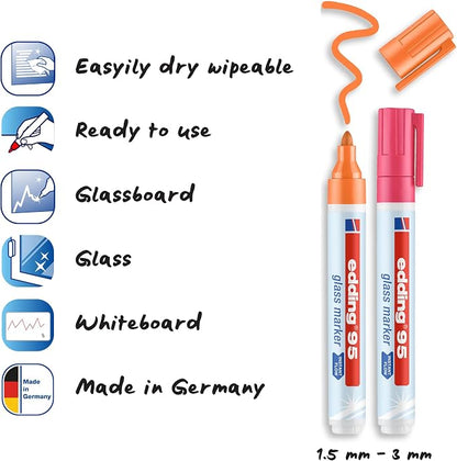edding 95 Glass Marker - Multi-Colored - 6 Glass pens - Round Nib 1.5-3 mm - Washable Window Marker Pen - for Writing and Marking on Glass Surfaces, Windows, glassboards, whiteboards - Dry-wipeable