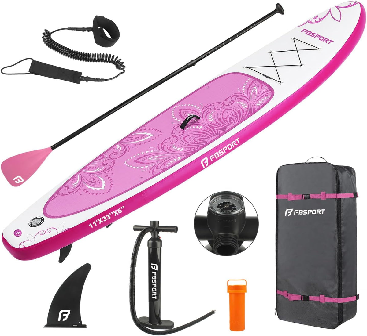 FBSPORT 11' Premium Stand Up Paddle Board, Yoga Board with Durable SUP Accessories & Carry Bag | Wide Stance, Surf Control, Non-Slip Deck, Leash, Paddle and Pump for Youth & Adult