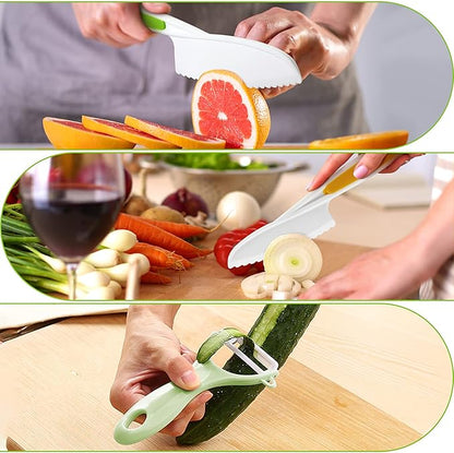 Kids Knifes Set,Children's Nylon Knives Safe Baking Real Cutting Cooking Childrens Knife Beginners Plastic Cut Fruits Salad Fun Firm Grip Toddler Chopping Friendly With Board Peeler 5Pack (green)