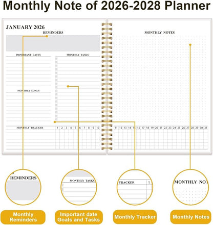 2026-2028 Monthly Planner - 36 Month PLanner Calendar from January 2026 to December 2028, 3 Year Planner 2026-2028 with Flexible Cover, Inner Pocket, Perfect for Home | School | Office, 8.5" x 11", Colorful Large Flower