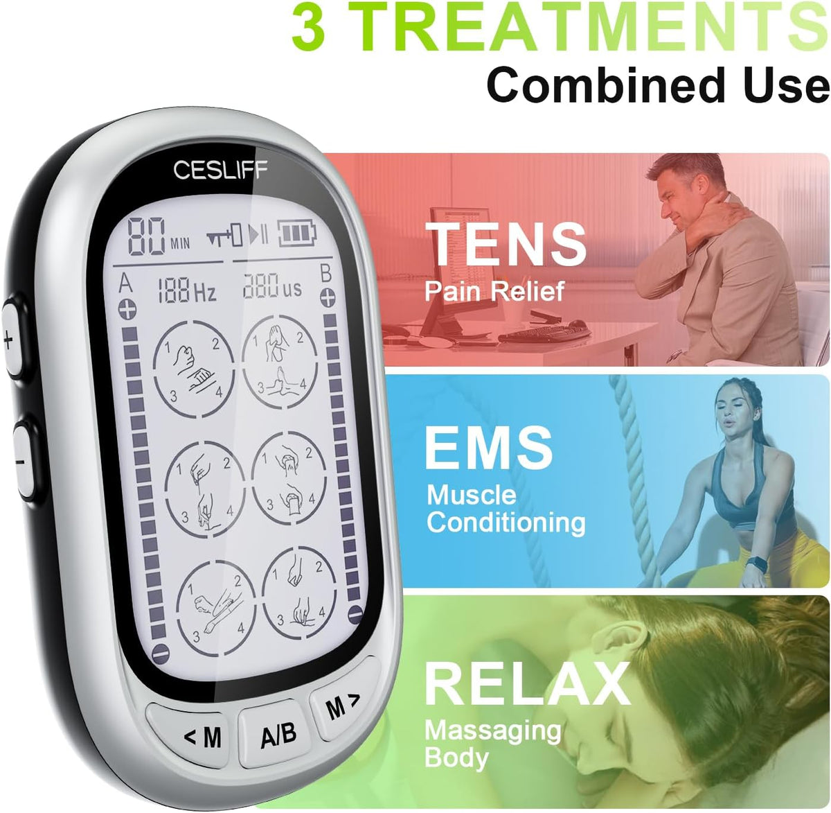 Dual Channel TENS EMS Unit Large Screen 24 Modes 36 Levels Intensity Muscle Stimulator, Rechargeable Electric Pulse Massager TENS Machine for Lower Back Neck Shoulder Pain Relief with 10 Pads