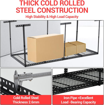 Overhead Garage Storage Rack, Heavy Duty Ceiling Storage Racks for Garage, Adjustable Height, 660LBS Weight Loading,4x8 FT Hanging Organizer Shelving for Warehouse Basement, Black