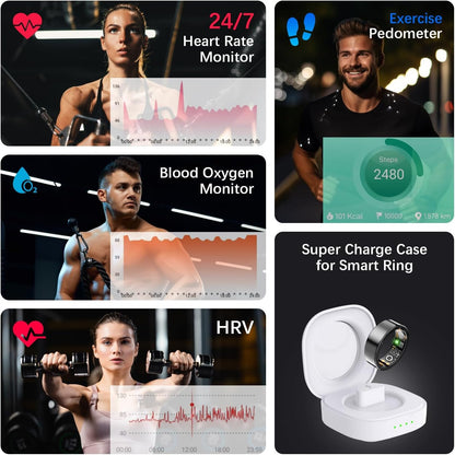 Health Tracker Ring, Smart Health Ring for Women Men with Heart Rate, Blood Oxygen, Sleep Monitor, Steps,Calories, No Subscription Fee, IP68 Waterproof Smart Ring for iPhone & Android (Black, 8#)