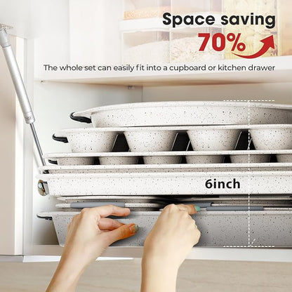 11-Piece Nonstick Baking Pans Set, Stackable Non Toxic Bakeware Sets with Cookie Sheets, Cake Pan, Loaf Pan, Pizza Pan, Muffin Pan, White&Gray