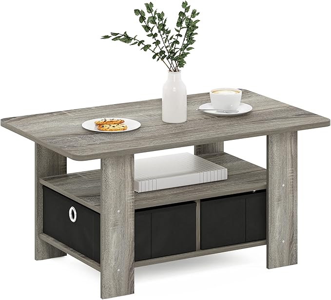 Furinno Andrey Coffee Table with Bin Drawer, French Oak Grey/Black