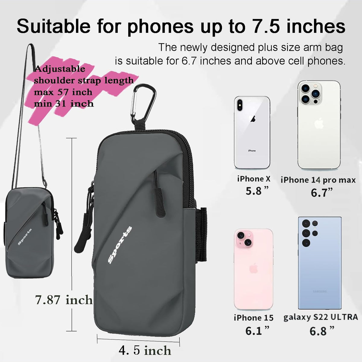 Cell Phone Armbands Running Phone Holder Armband, Shoulder Holster Phone Purse Crossbody Bag Pouch (Gray)