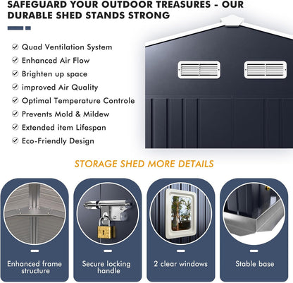 Metal Shed 10x10x7 FT, Enhance Your Space with Natural Lighting, Outdoor Storage Steel Sheds with Windows, Translucent Roofs, and Lockable Doors, Ideal for Garden & Patio