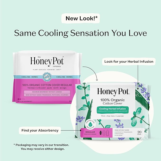 The Honey Pot Company - Herbal Sanitary Pads for Women - Regular Flow w/Wings - Infused w/Essential Oils for Cooling Effect & Organic Cotton Cover - Feminine Care - 20 ct