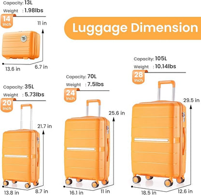 Campfun Luggage 4 Piece Sets, Expandable Carry On Luggage Set Hardshell PP, Suitcase Set with Double Spinner Wheels, Checked Durable Lightweight with TSA Lock, 14/20/24/28in, Orange(A)