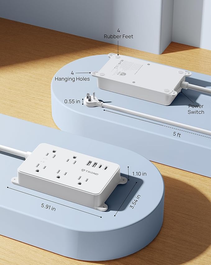 TROND Power Strip with USB, Surge Protector Flat Plug with 5 Widely-Spaced Outlets and 4 USB Ports, ETL Listed, 1300J, Wall Mountable, 5ft Extension Cord, for Office Kitchen, White