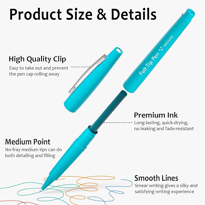 Lelix 40 Colors Felt Tip Pens, Medium Point Felt Pens, Assorted Colors Markers Pens For Journaling, Writing, Note Taking, Planner Coloring, Perfect as Art Office and School Supplies