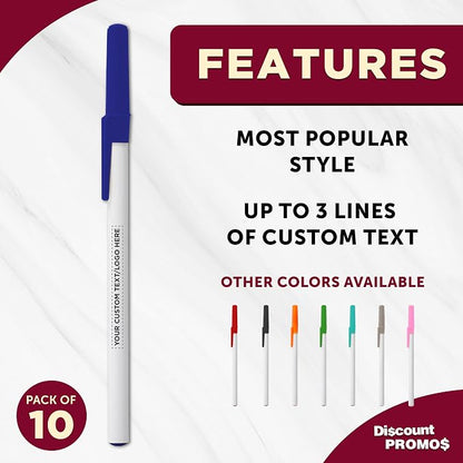 DISCOUNT PROMOS Custom Value Stick Pens Set of 10, Personalized Bulk Pack - Black Ink, Great for Office, School, Business, Tradeshows, Events - Blue