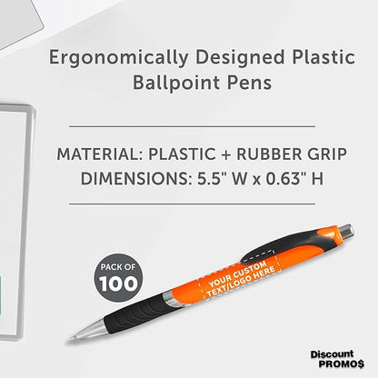 DISCOUNT PROMOS Ballpoint Pens With Rubber Grip - 100 pack - Customizable Text, Logo - Black Ink Ball Point Pen with Soft Touch Plastic - Orange