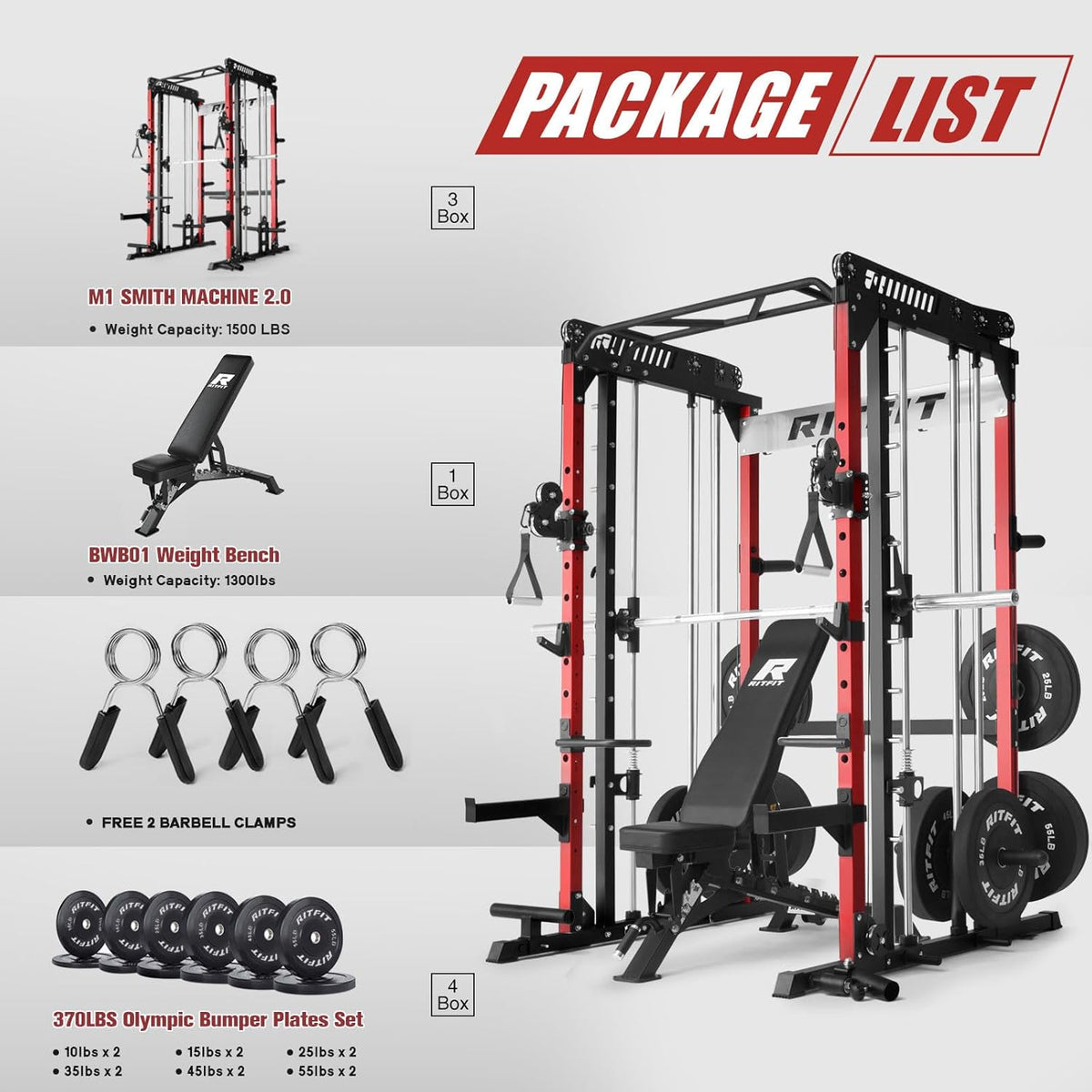RitFit M1 & M1 Pro Smith Machine with Cable Crossover System, Multi-Function Squat Rack Power Cage for Home Gym, Power Rack and Packages