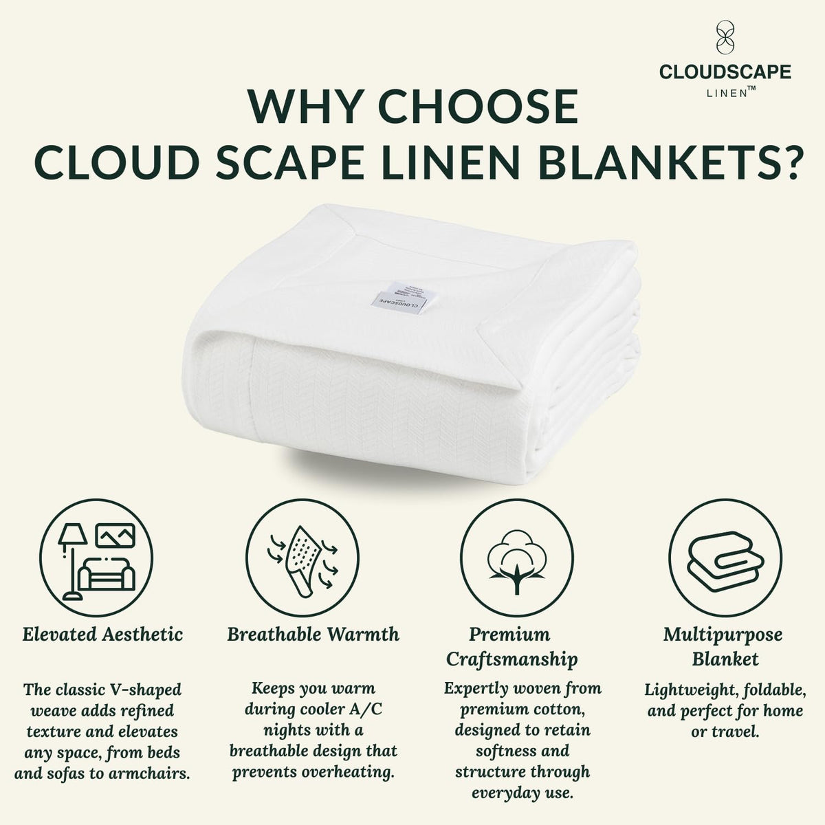 Cloud Scape Linen 100% Cotton Queen Size Blanket, Herringbone Pattern, Lightweight Summer Blanket,Best Gifts for Women, fits Full Size Bed, 92 x 92, White