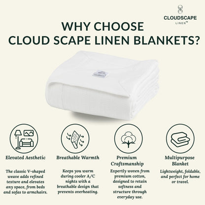 Cloud Scape Linen 100% Cotton Queen Size Blanket, Herringbone Pattern, Lightweight Summer Blanket,Best Gifts for Women, fits Full Size Bed, 92 x 92, White