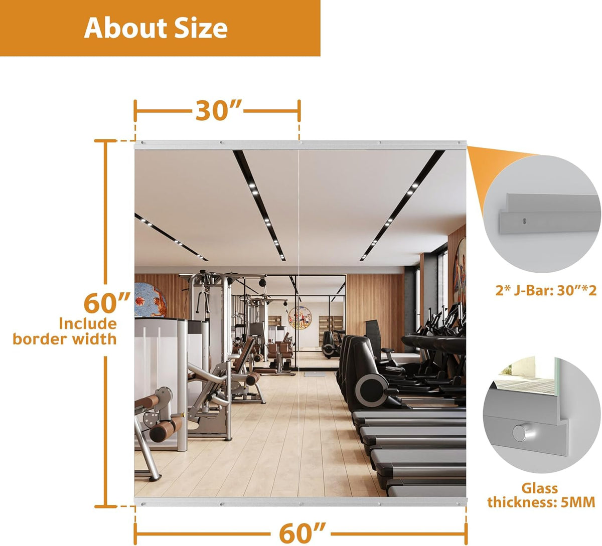 ROOMTEC Workout Mirrors for Home Gym 60"x30"-2PCS, Large Wall Mirror Full Length for Fitness, Yoga, Big Wall Mounted Frameless Glass Mirror for Garage, Dance Studio, Bedroom