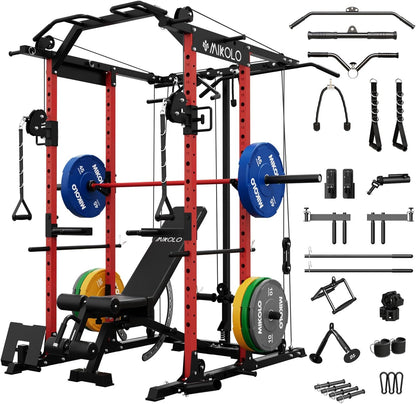 Mikolo Power Cage, Power Rack with Cable Crossover System, 1500LBS Squat Rack with LAT Pull Down System, Workout Cage with Pulley System for Fitness Home Gym