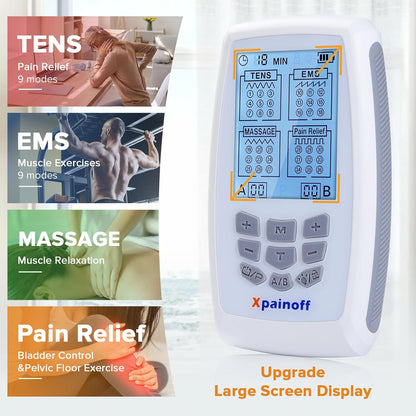 4 in 1 TNES Unit Muscle Stimulator Rechargeable Dual Channel EMS Muscle Massager Electronic Pulse Machine 36 Modes for Pain Relief Therapy,12 PCS TENS Unit Electrode Pads,Storage Case