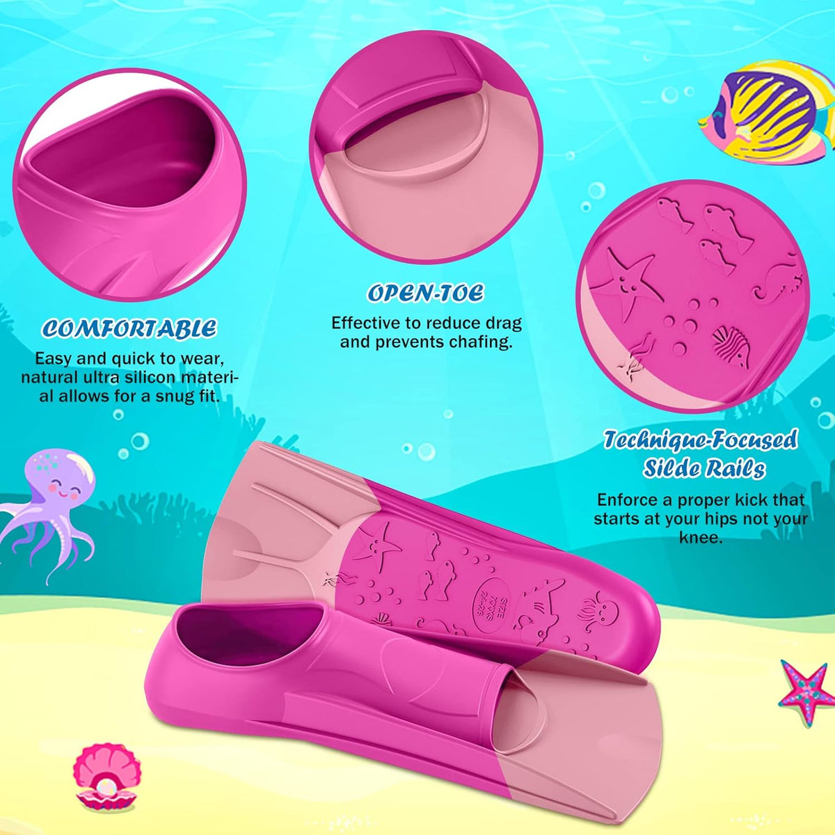 Gintenco Swim Fins, Kids Swim Training Fins for Lap Swimming, Travel Size Flippers with Mesh Bag, Silicone Swimming Fins for Kids Teens Adults Women Men