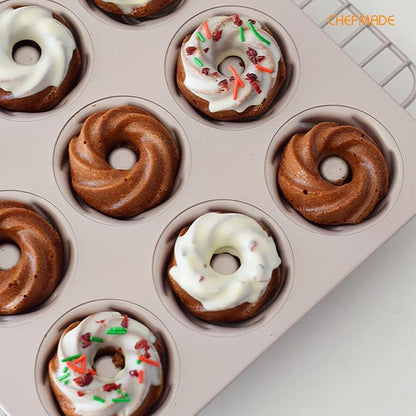 CHEFMADE Tube Cake Pan, 12-Cavity Non-Stick Cyclone Doughnut Bakeware for Oven Baking (Champagne Gold)